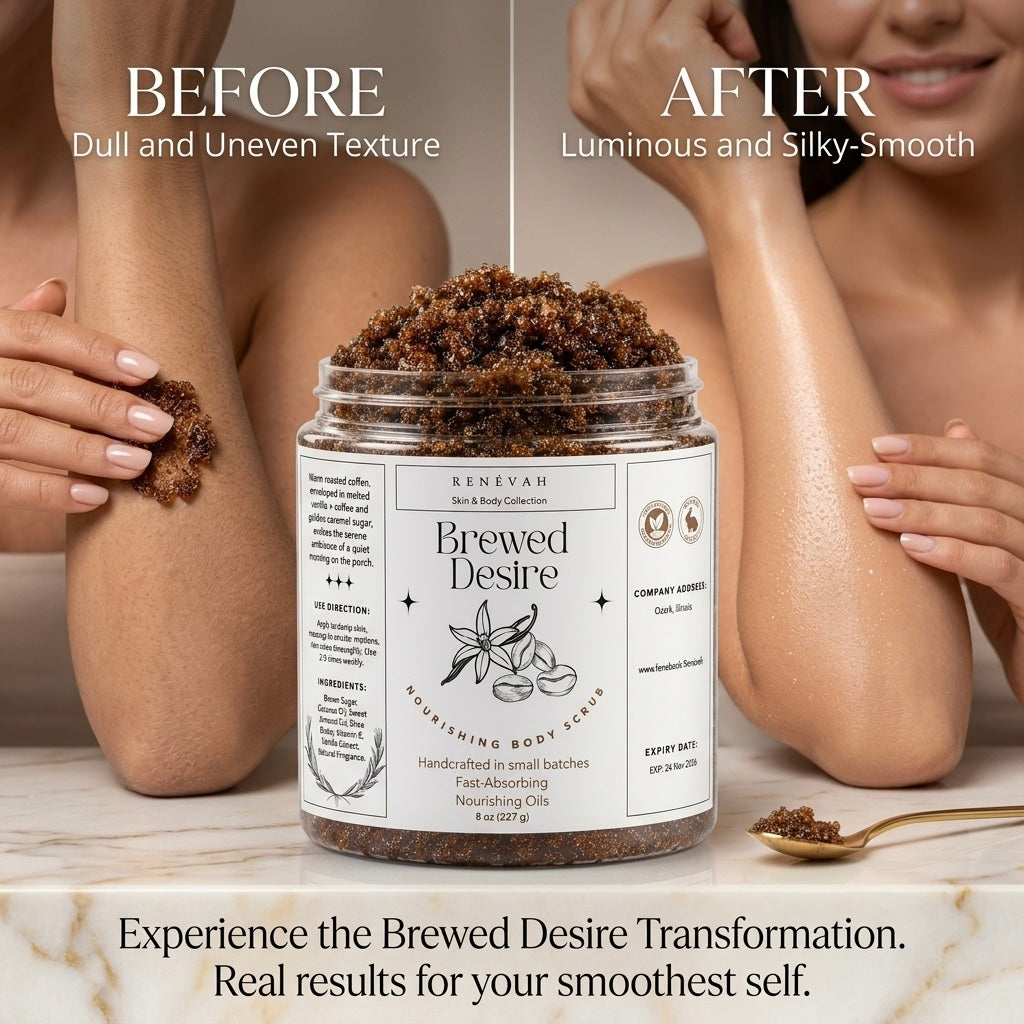 RENÉVAH Brewed Desire coffee body scrub texture close-up showing exfoliating sugar scrub consistency