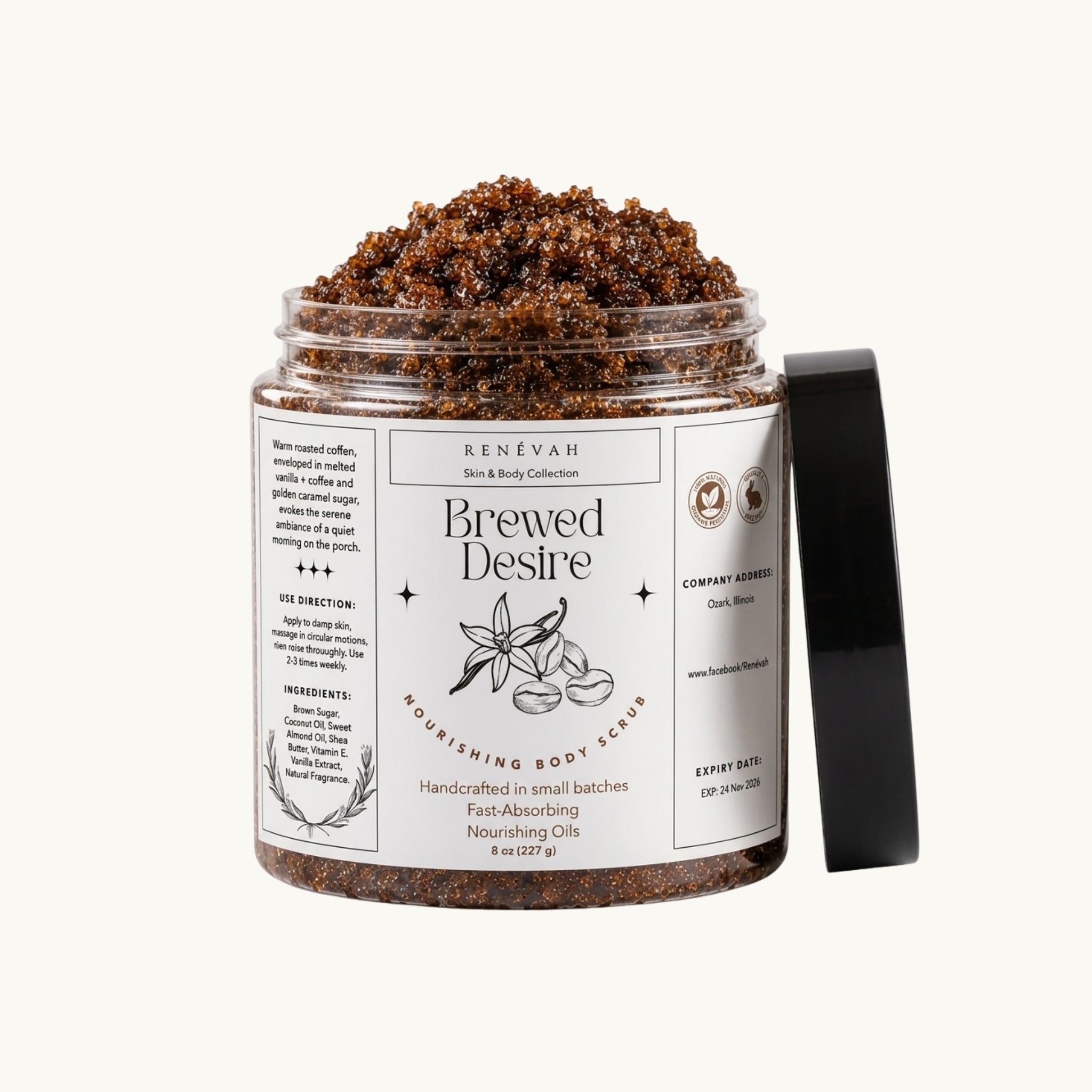 RENÉVAH Brewed Desire Body Scrub jar with coffee vanilla caramel scent in luxury marble spa setting