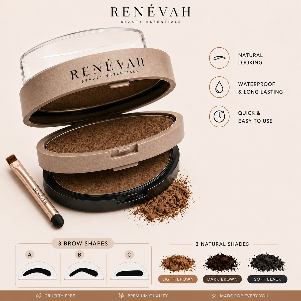 RENÉVAH Brow Stamp Kit — Beauty Essentials box with three brow shapes and three natural shades